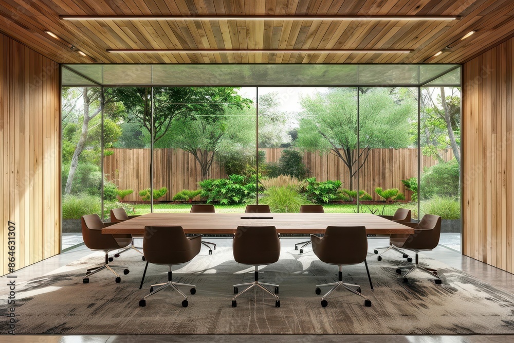 Fototapeta premium contemporary meeting room with wooden wall and garden view modern office interior design 3d rendering