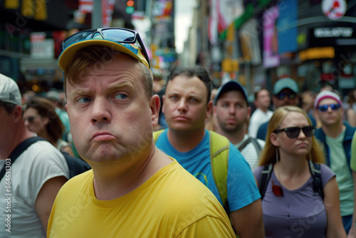 Group of people with funny and puzzled expressions in a crowded city street