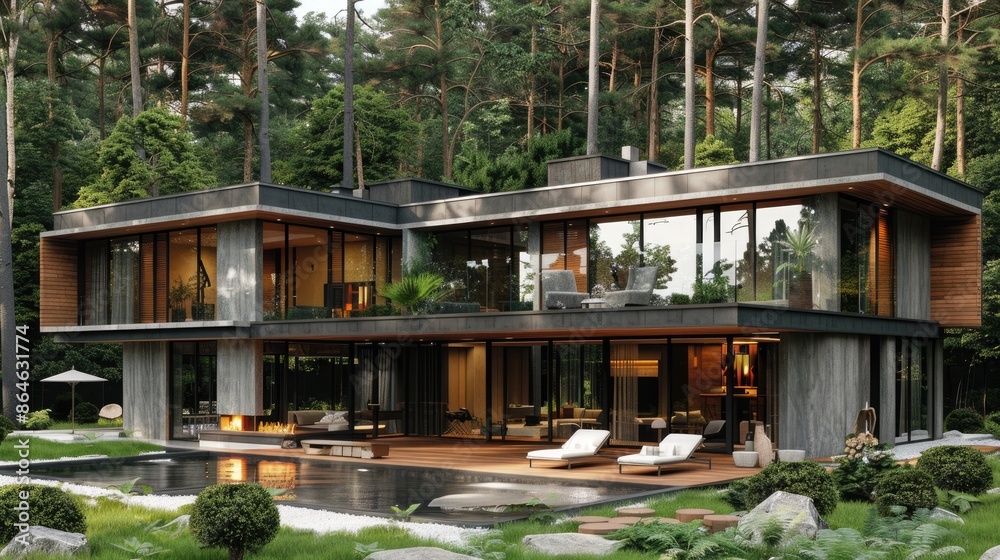 A large house with a pool and a fireplace. The house is surrounded by trees and has a modern design A large house with a pool and a fireplace. The house is surrounded by trees and has a modern design