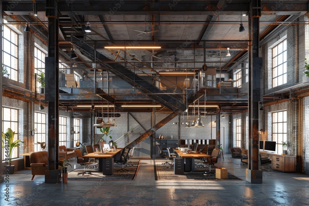 A large open office space with a staircase leading up to the second floor. The space is filled with furniture, including chairs, desks, and a couch A large open office space with a staircase leading up to the second floor. The space is filled with furniture, including chairs, desks, and a couch