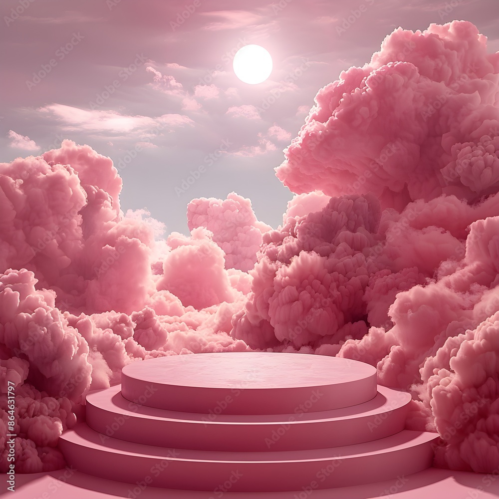 Pink round platform set against a backdrop of dreamy pink clouds, creating a serene and elegant setting perfect for product displays and artistic visuals Pink round platform set against a backdrop of dreamy pink clouds, creating a serene and elegant setting perfect for product displays and artistic visuals