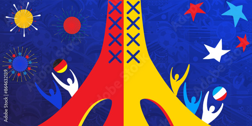 Abstract colorful Summer opening festival in Paris dynamic elements, shapes background, Sport Holiday attraction modern design firework seine river vector illustration