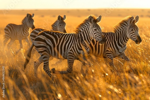 A playful group of zebra foals running across the savanna, their stripes blending into the tall grass as they frolic in the golden sunlight