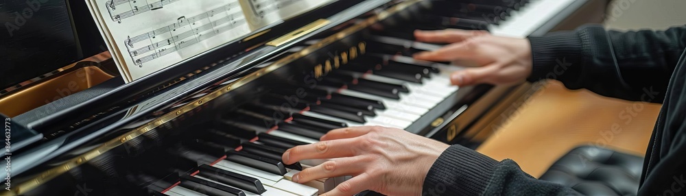 Obraz premium Hands playing a grand piano, sheet music in the background