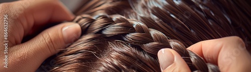 Hands braiding hair, intricate strands in focus