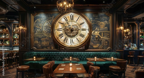 Interior View of a Modern, Clock-Themed Restaurant