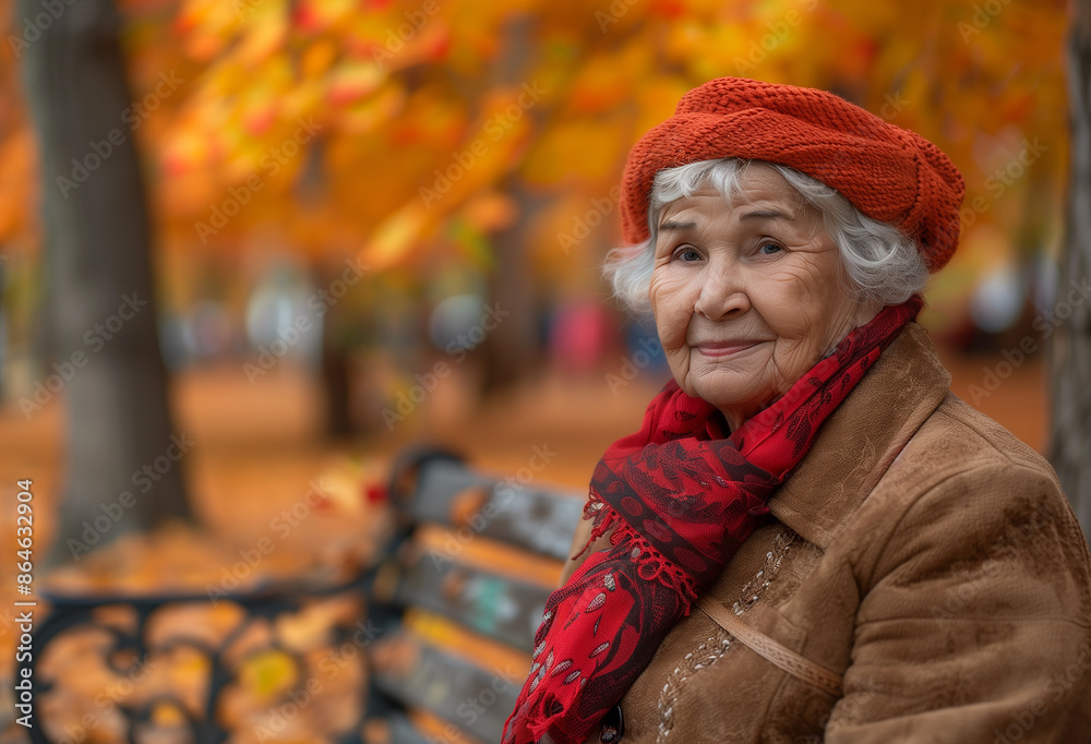 Elderly woman sitting on bench and wearing yellow knitted hat and red scarf surrounded by yellow autumn leaves in park. Elderly woman sitting on bench and wearing yellow knitted hat and red scarf surrounded by yellow autumn leaves in park.