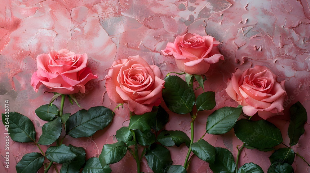 Pink roses with green leaves on a textured pink background. Flat lay composition with copy space. Design for floral greeting card, invitation, or springtime concept Pink roses with green leaves on a textured pink background. Flat lay composition with copy space. Design for floral greeting card, invitation, or springtime concept