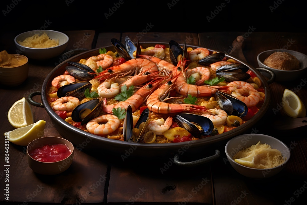 Authentic Seafood Paella with Shrimp, Mussels, and Clams Served in a Traditional Pan Authentic Seafood Paella with Shrimp, Mussels, and Clams Served in a Traditional Pan