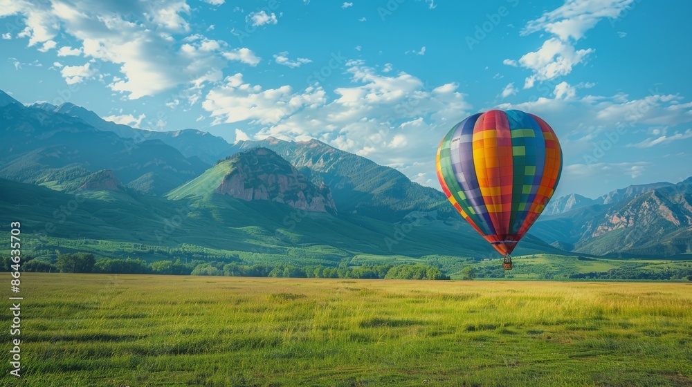 Fototapeta premium A colorful hot air balloon floats above a grassy field with mountains in the background