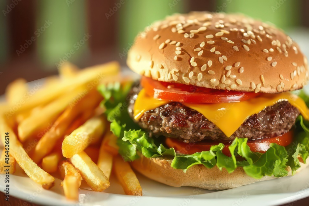 Close-Up of Juicy Cheeseburger with Fries on White Plate - Perfect for Fast Food Advertising