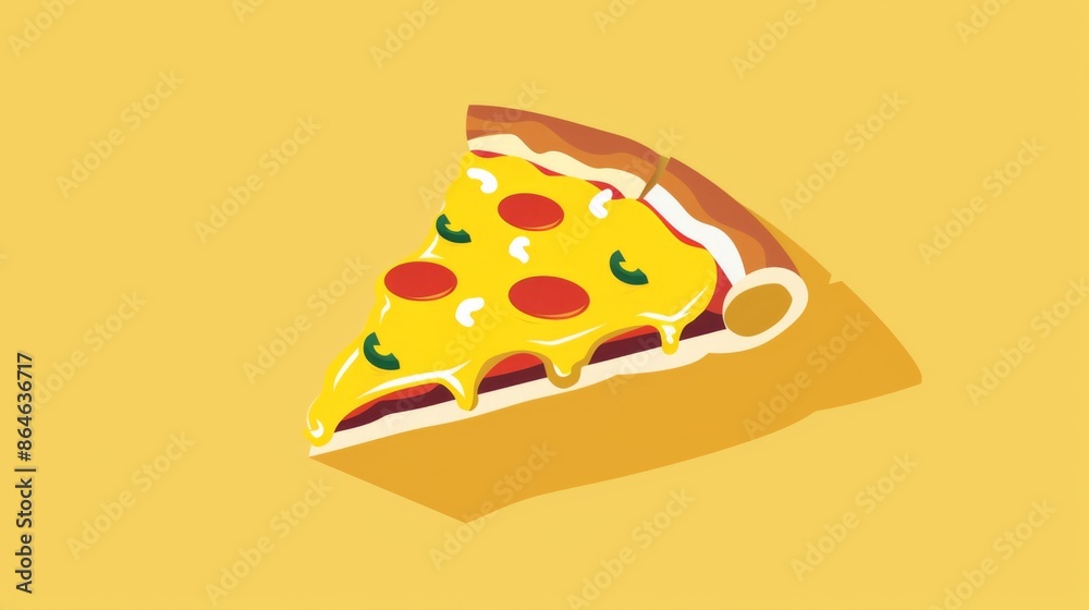 A single slice of pepperoni pizza with melted cheese on a yellow background A single slice of pepperoni pizza with melted cheese on a yellow background