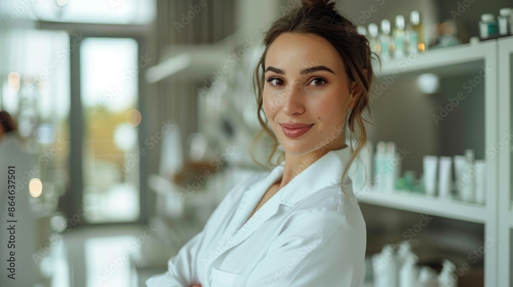 A woman in a lab coat stands in front of shelves filled with equipment and supplies A woman in a lab coat stands in front of shelves filled with equipment and supplies