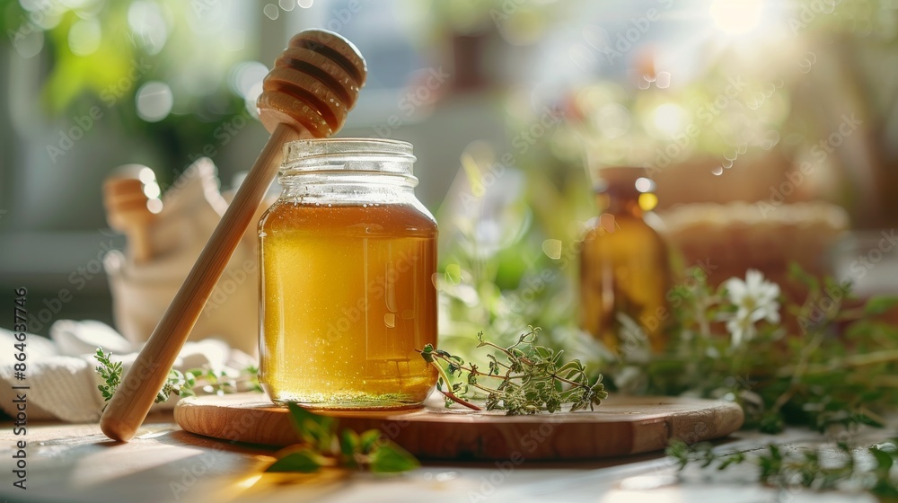 A jar of honey a wooden honey dipper and herbs are arranged on a wooden board A jar of honey a wooden honey dipper and herbs are arranged on a wooden board