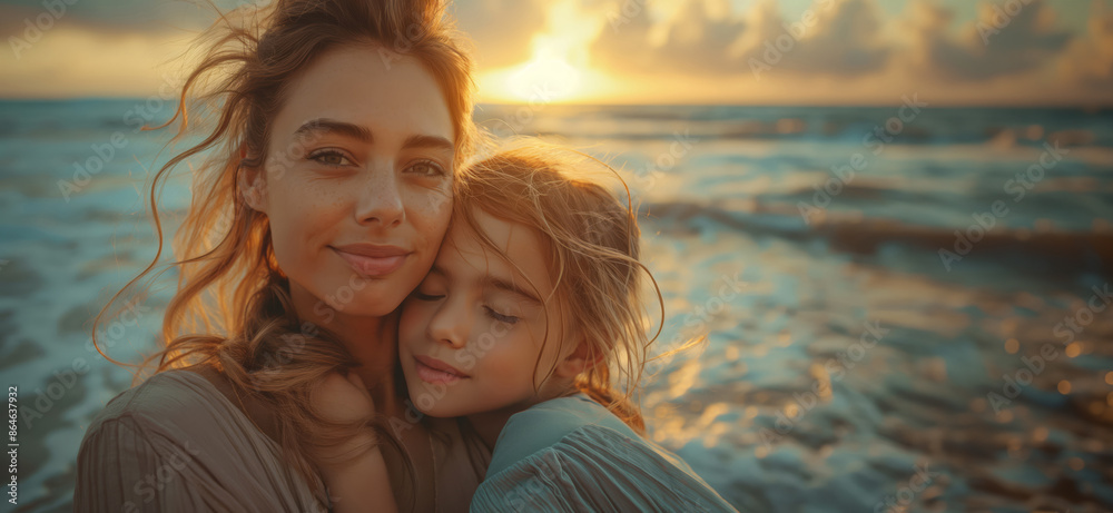 Mother And Daughter Hugging Close On Beach With Sunset And Ocean Waves Mother And Daughter Hugging Close On Beach With Sunset And Ocean Waves