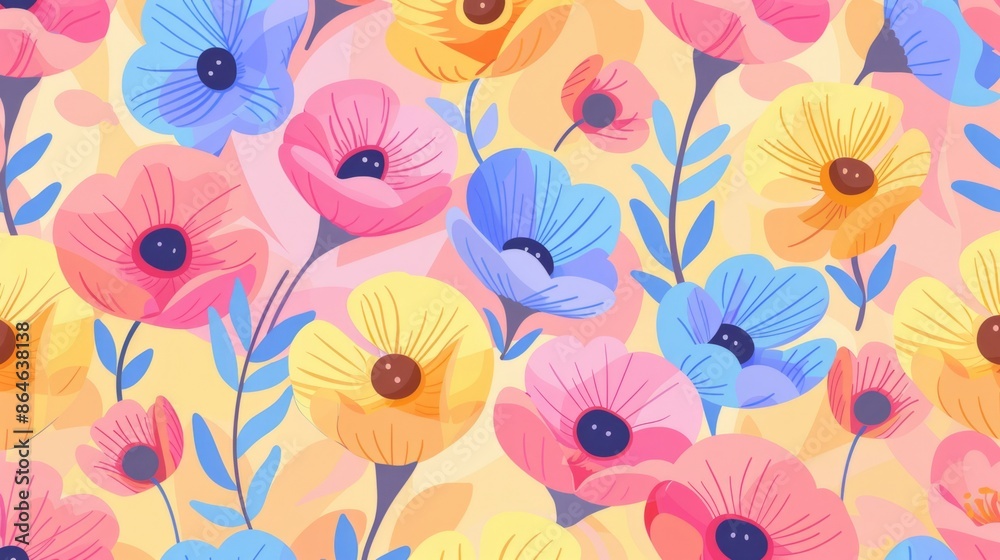 A pattern featuring pink, yellow, and blue poppy flowers with blue stems on a yellow background A pattern featuring pink, yellow, and blue poppy flowers with blue stems on a yellow background