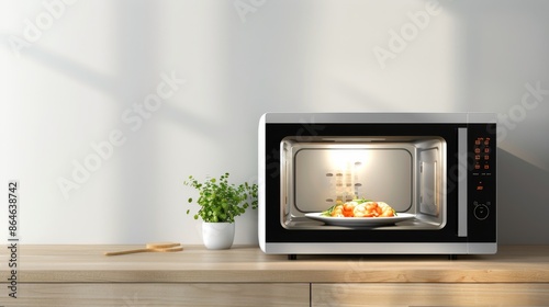 A microwave oven is shown with food inside illuminated by the interior light