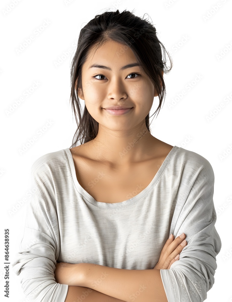 Smiling Asian Woman in White Shirt Poses Happily Smiling Asian Woman in White Shirt Poses Happily