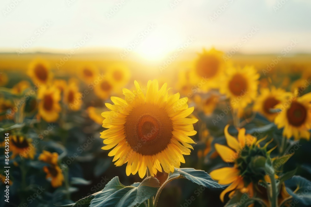 Fototapeta premium Vibrant Sunflower Field at Sunrise - Nature Photography for Environmental Campaigns and Floral Decor