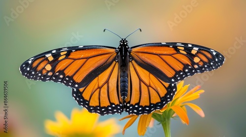 A beautiful monarch butterfly with open wings on a flower. The butterfly is orange, black, and white with a wingspan of about 4 inches.