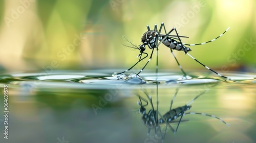 A mosquito stands on the surface of a pond its reflection visible in the water