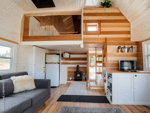 Tiny House Living Room with Couch and Stairs Design