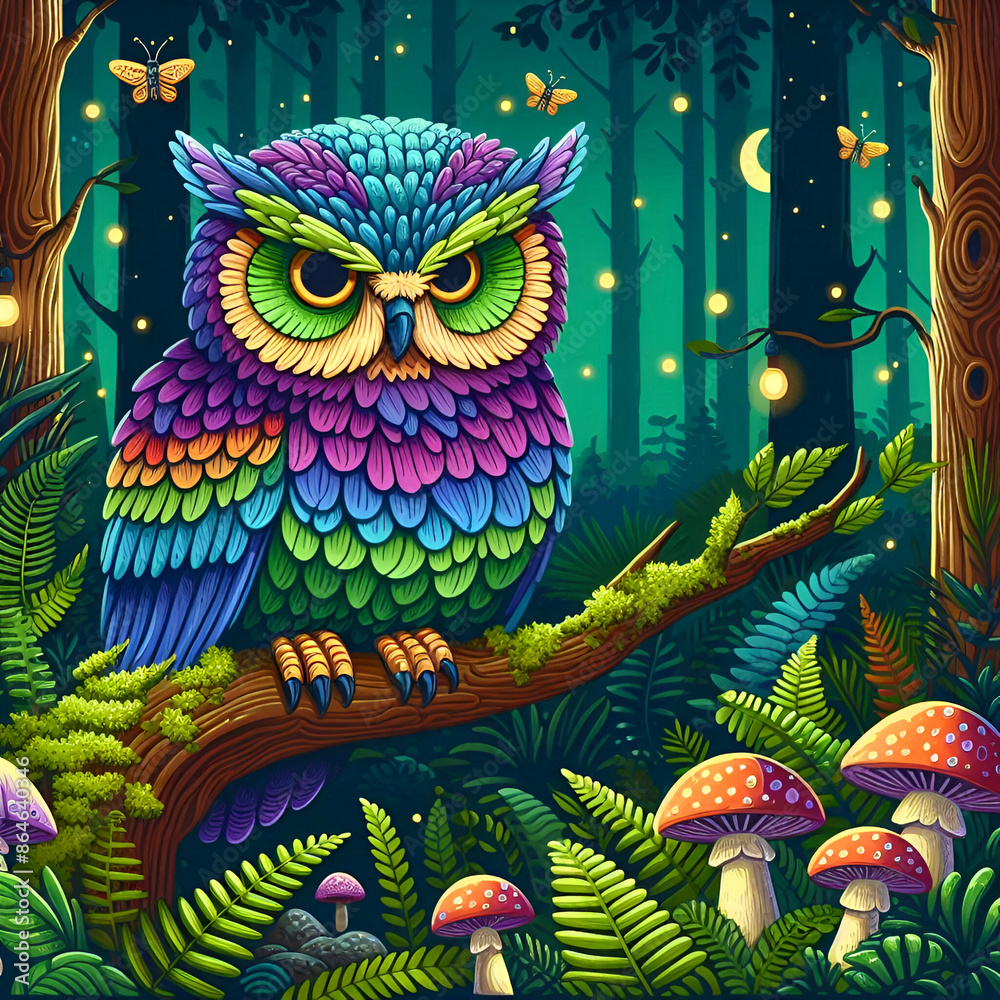 Obraz premium Multicolored Purple and Blue Owl Perched Screech in the Dark and Gloomy Forest Fog of Dead Trees with Mushrooms Growing amongst the Ferns with Dripping Water & Flying Fireflies, Moths, or Butterflies