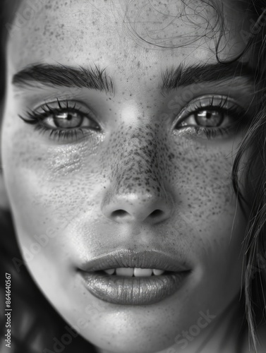 Close-up shot of a woman's face with distinct freckles, great for personal use or as a stock image