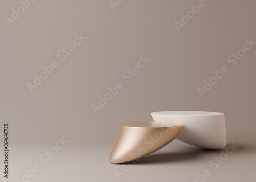 Gold empty podium or pedestal for product presentation on two floors, showcase of beauty and cosmetics product. Mockup platform on grey background. 3d rendering