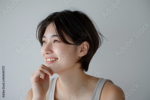 Happy Japanese Woman in Gray Top Smiles Gracefully