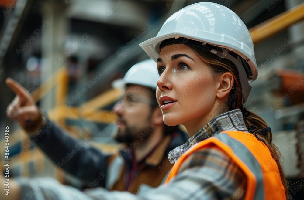 Female Engineer at Construction Site Pointing While Standing Next to Male Co-worker. Female Engineer at Construction Site Pointing While Standing Next to Male Co-worker.