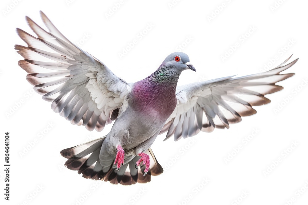 A pigeon with red feet flies in the air on white background. A pigeon with red feet flies in the air on white background.