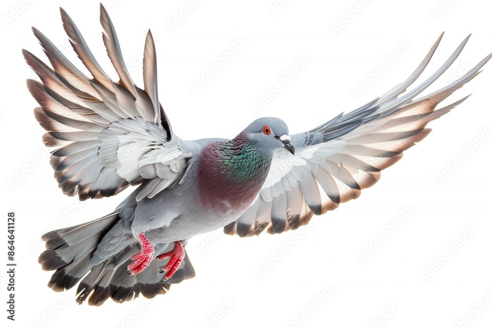 Fototapeta premium A pigeon with red feet flies in the air on white background.