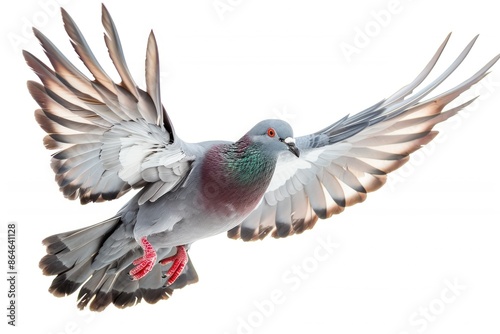 A pigeon with red feet flies in the air on white background.