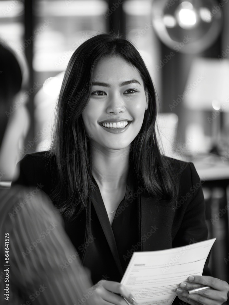 A woman sits at a table, holding a piece of paper A woman sits at a table, holding a piece of paper
