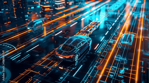 Futuristic Cityscape with Wireframe Cars