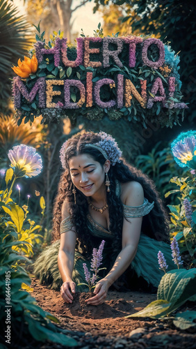 mujer feliz cultivando una planta medicinal en un huerto
