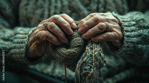Elderly Hands Knitting Cozy Woolen Yarn in Rustic Setting