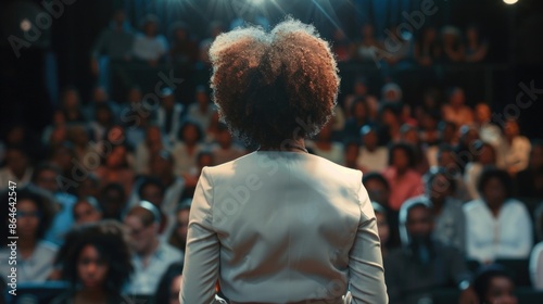 A woman speaking to a large group of people