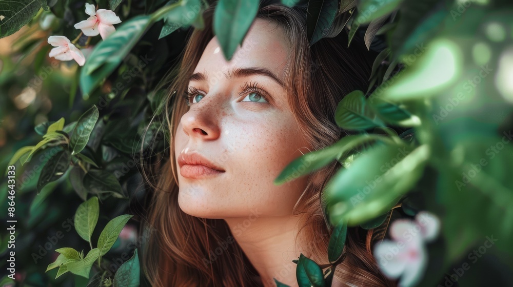 Woman with green eyes looking up surrounded by foliage Woman with green eyes looking up surrounded by foliage