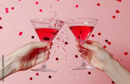 Two Hands Toasting With Pink Drinks and Confetti