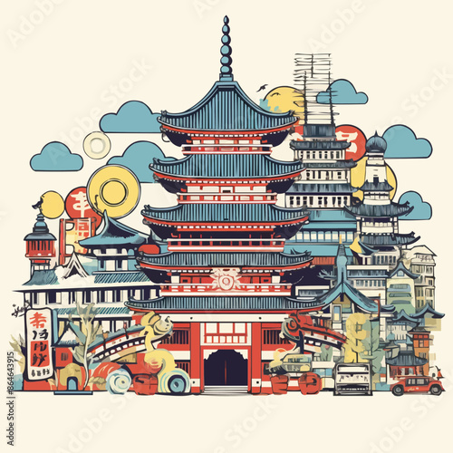 A drawing of a city with a large building in the middle. Vector icon