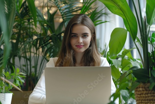 A woman sitting at her desk with a laptop and possibly doing work or browsing the internet