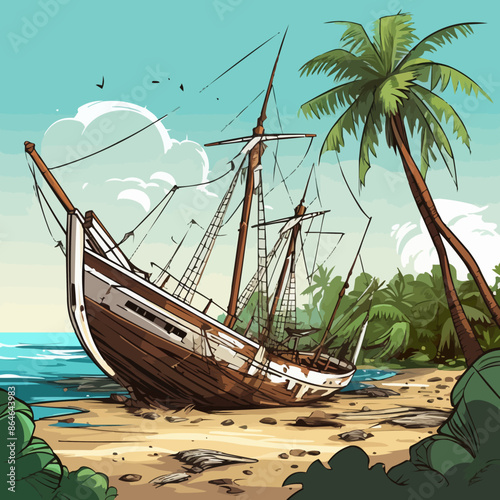 A ship is wrecked on the beach, with a palm tree in the background. Vector icon