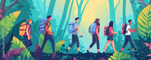 A group of people are walking through a forest with backpacks. Vector icon