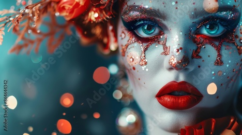 Close Up of a Woman's Eye with Red Glitter and Red Lips © Preyanuch