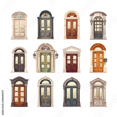 A set of doors with different colors and designs. Vector icon