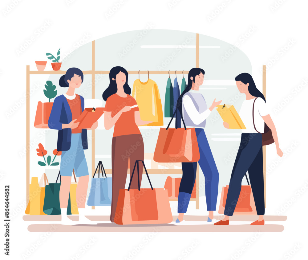 A group of women are shopping in a store. Vector icon