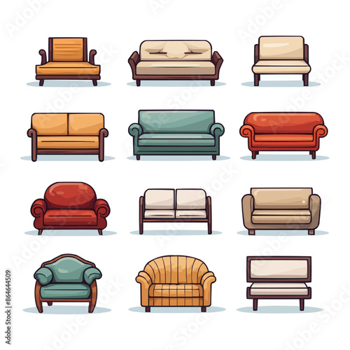 A set of cartoonish chairs and couches, including a red couch, a blue couch. Vector icon