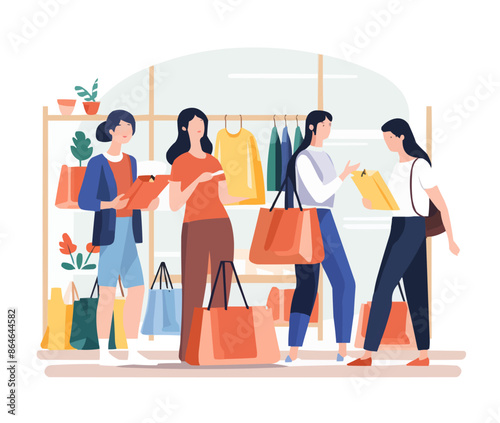 A group of women are shopping in a store. Vector icon